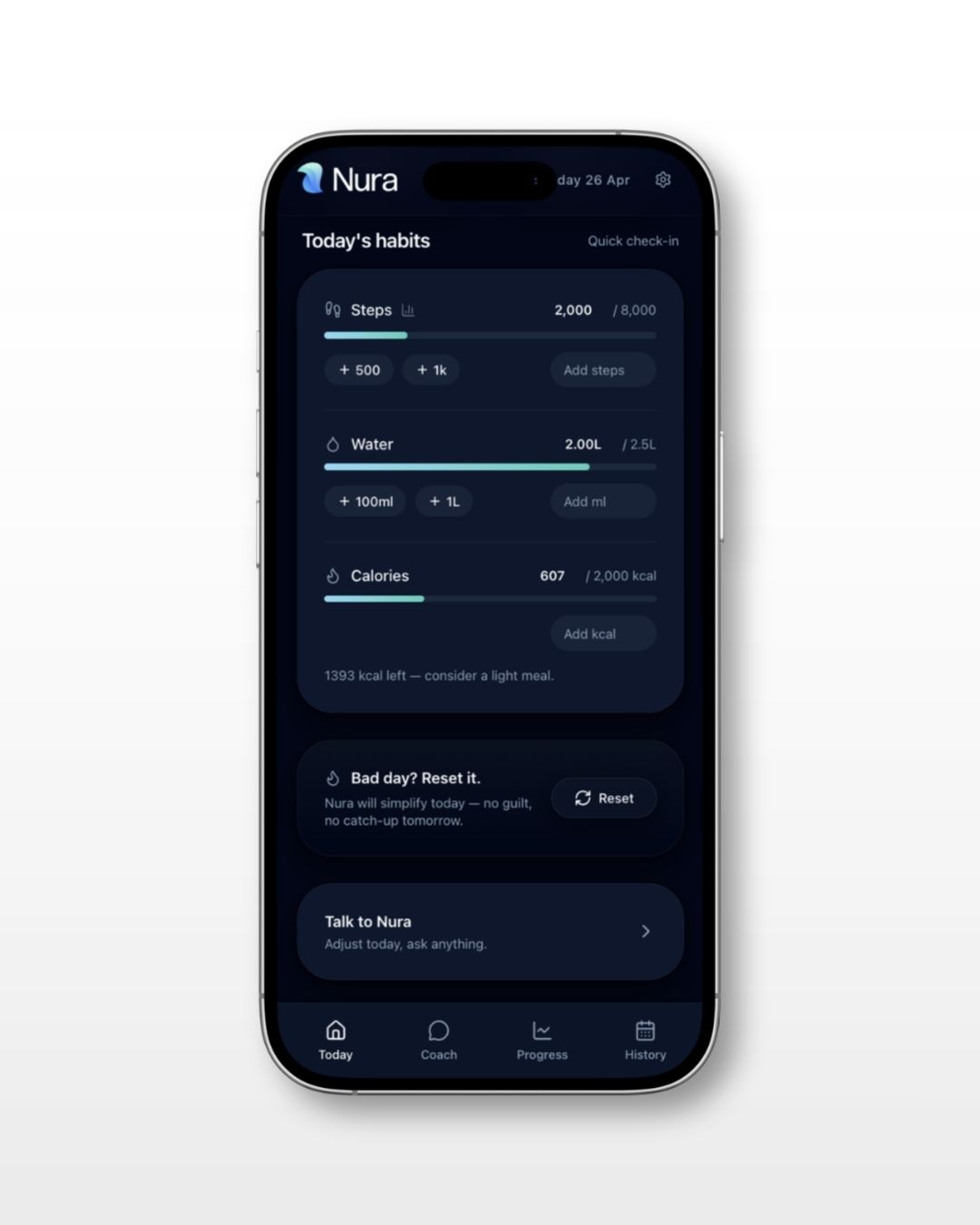 Smart track calories, water, steps and macros with AI generated targets.