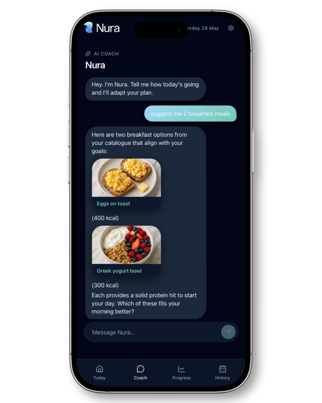 Nura AI coach suggesting breakfast meals from the catalogue