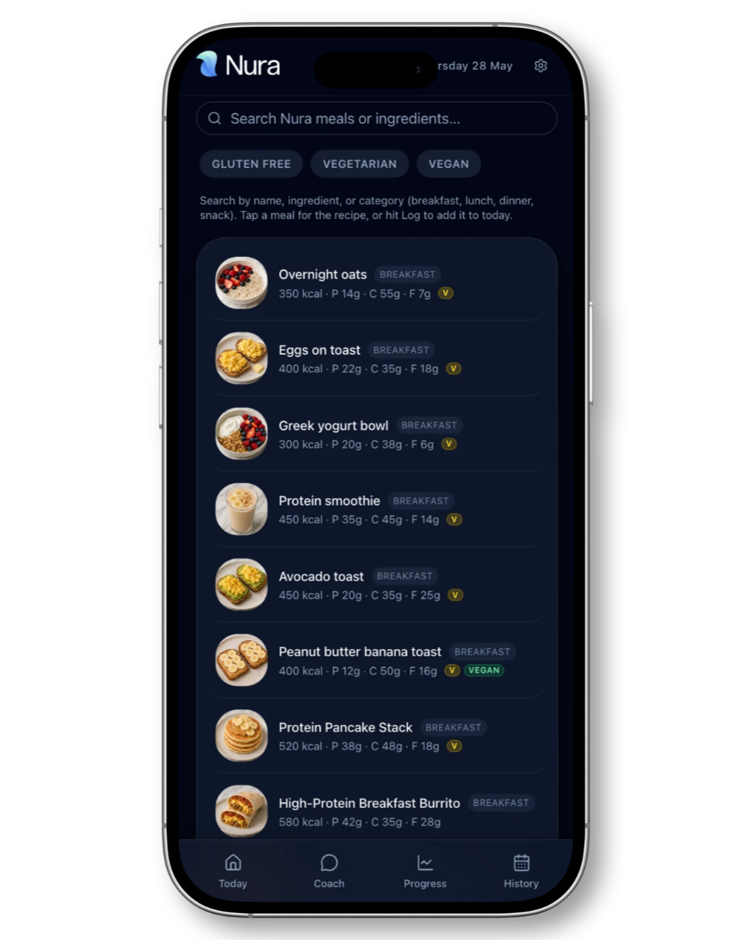 Nura Meals catalogue with macros, filters and recipes